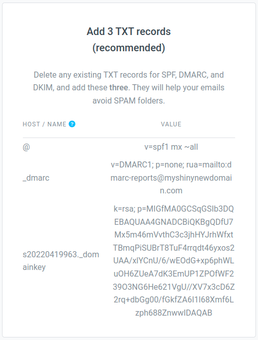 Example of www.postale.io's recommendation for TXT records