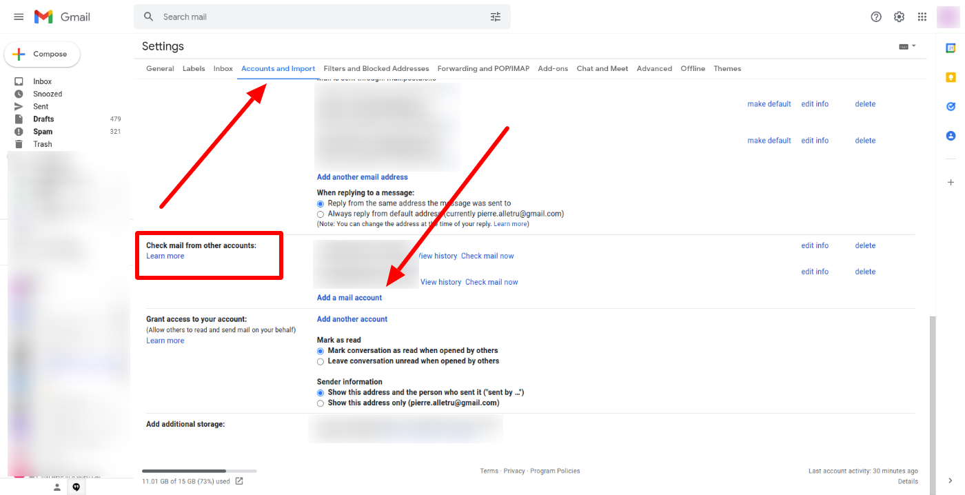 Gmail > Settings > See all settings > Accounts and imports.