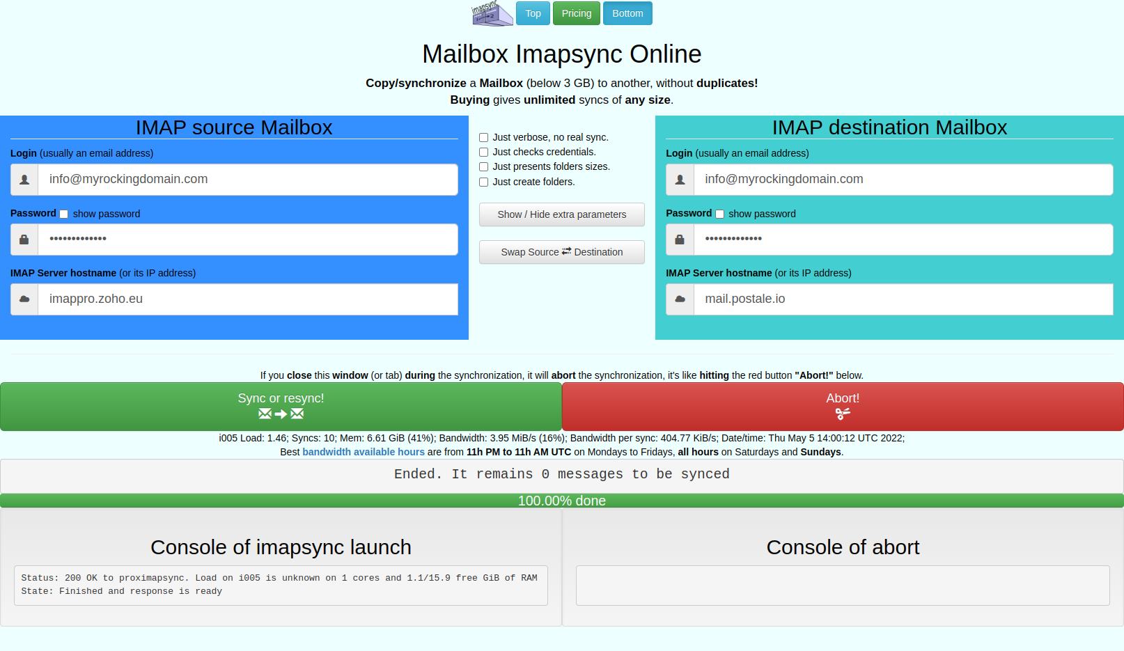 Copy emails from one mailbox to the other with imapsync.