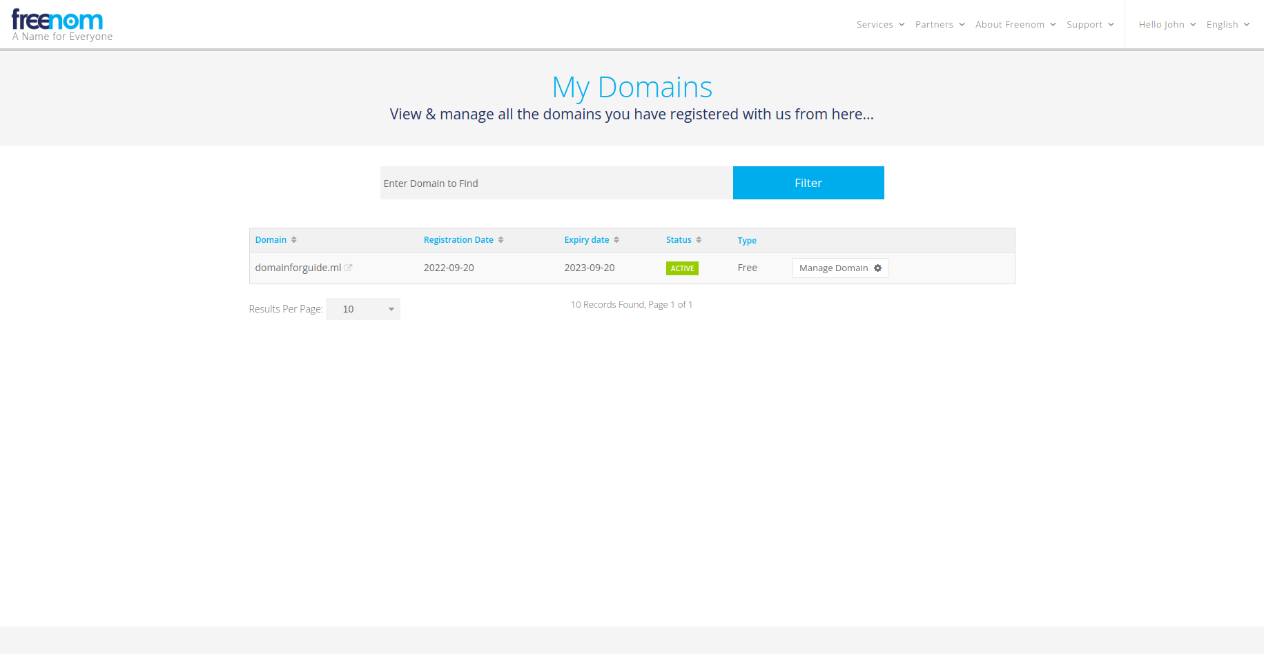 The domain appears in your domains list.