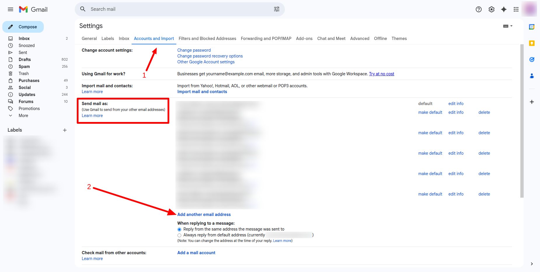 Gmail > Settings > See all settings > Accounts and imports